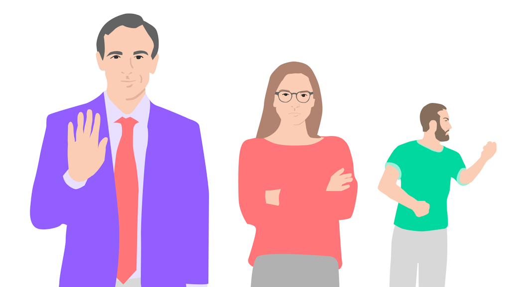 L’image montre deux hommes et une femme exprimant une attitude de rejet, voire de menace. Ils représentent les auteurs de discrimination raciale.