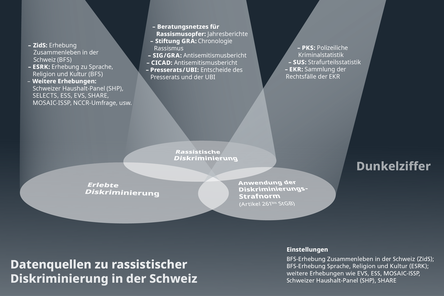 Diese Illustration zeigt: Die verschiedenen Datenquellen, die Vorfälle rassistischer Diskriminierung statistisch erfassen, ergänzen einander und überlappen sich. Dabei bleibt jedoch die Dunkelziffer hoch.