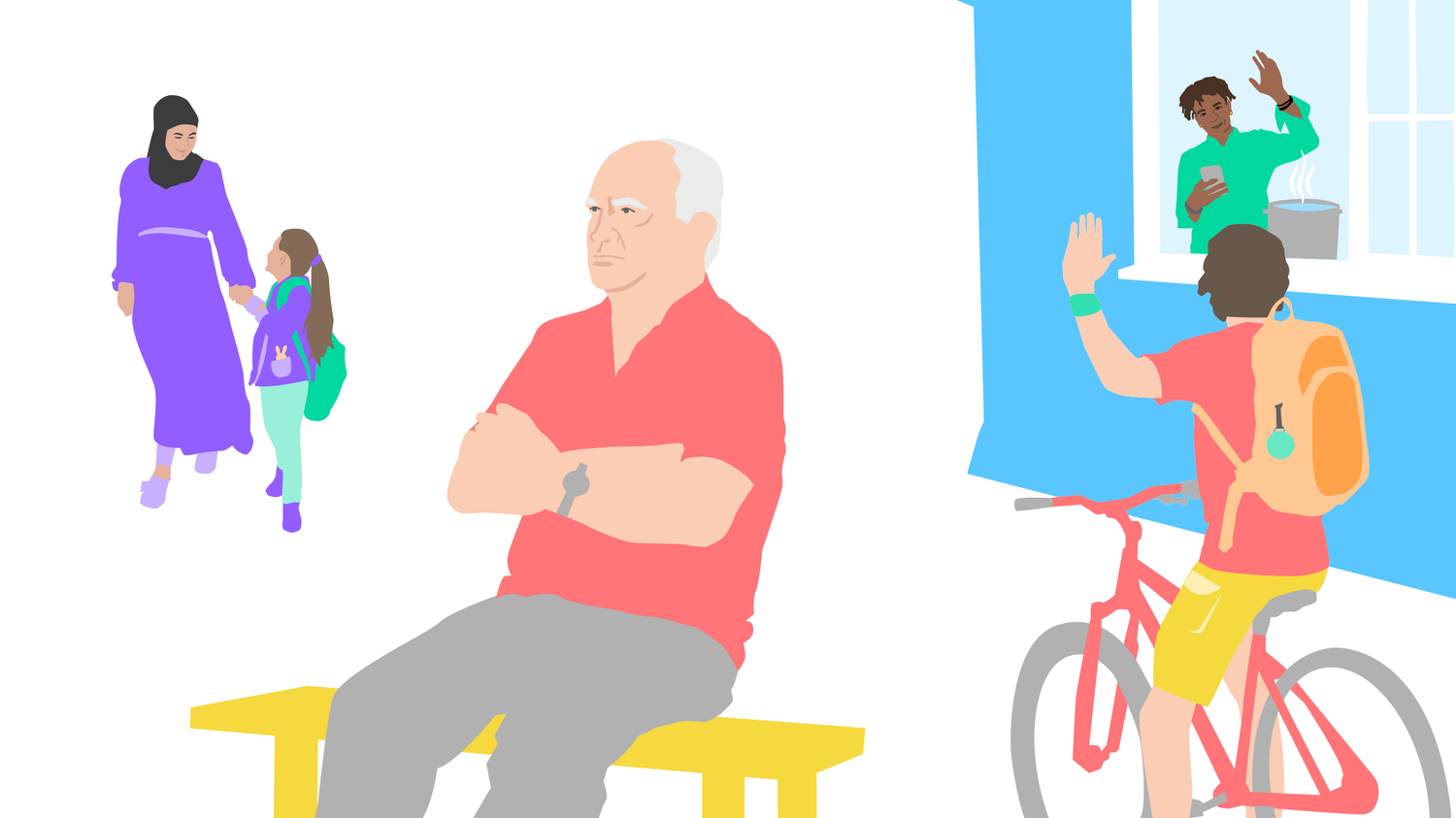 L’image montre un homme blanc âgé assis sur un banc, les bras croisés et les sourcils froncés. Les personnes autour de lui représentent la diversité. Un jeune à vélo fait signe à une personne noire à la fenêtre de sa cuisine. Une femme portant le voile marche dans la rue en tenant sa fille par la main. 