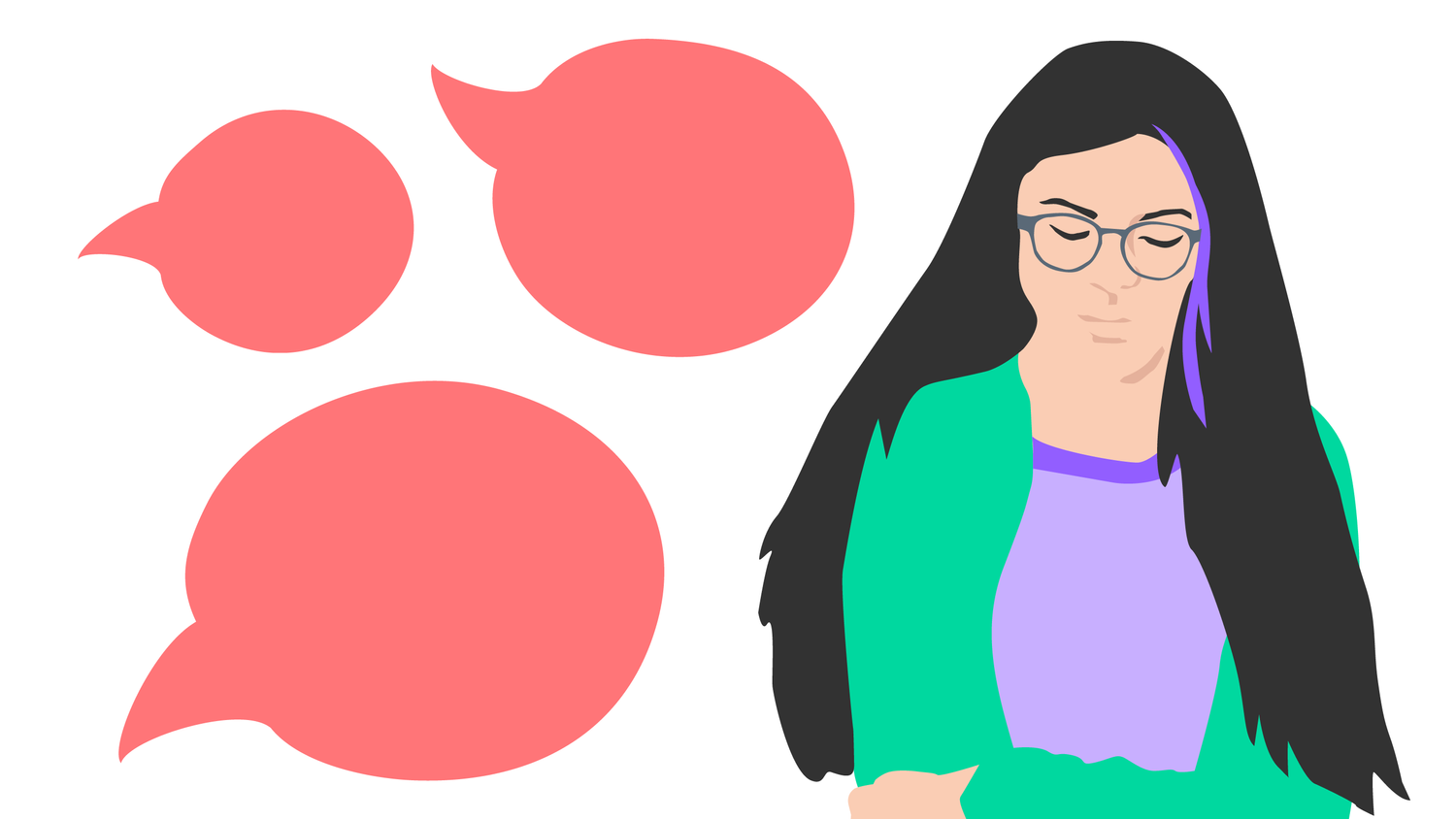 L’illustration montre une jeune femme qui regarde vers le sol. Des bulles à côté d’elle symbolisent les propos racistes dirigés contre elle.