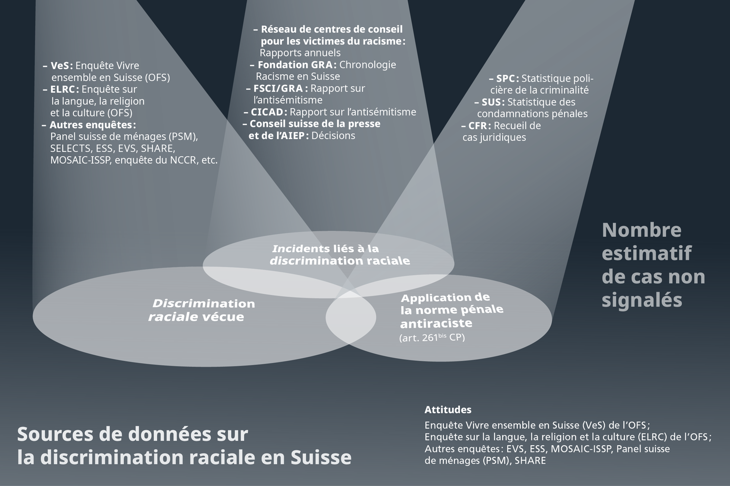 Cette image montre que les différentes sources de données qui fournissent des statistiques sur la discrimination raciale se complètent et se recoupent. Le nombre de cas non déclarés reste toutefois élevé.