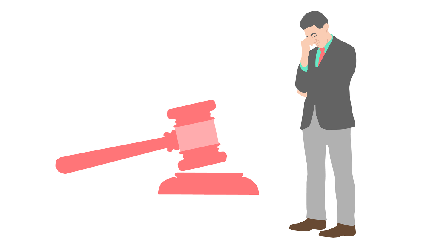 L’illustrazione raffigura un uomo che ascolta, concentrato, la sentenza del tribunale, rappresentata dal colpo di martello di un giudice.