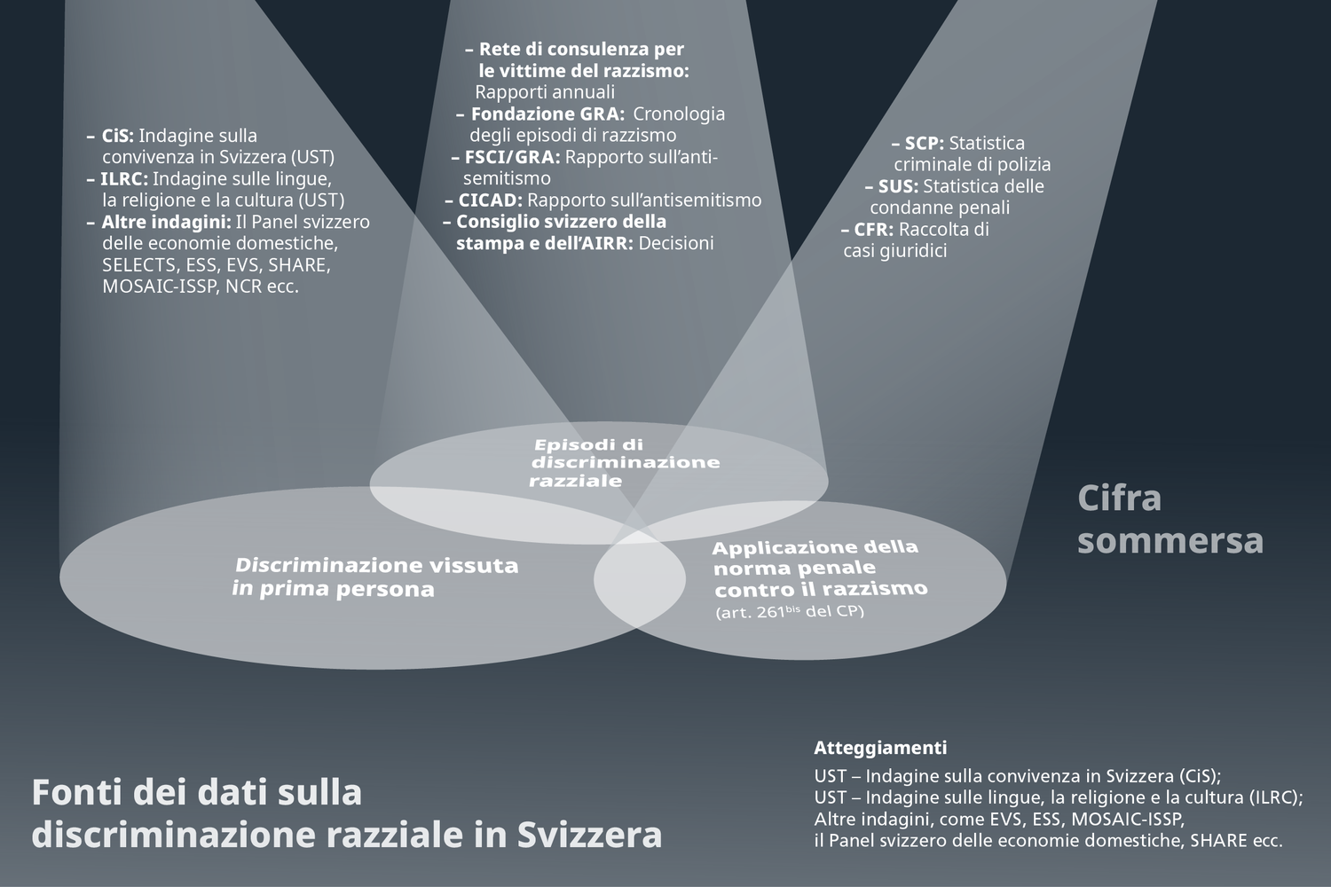 L’illustrazione mostra che le diverse fonti di dati che rilevano statisticamente gli episodi di discriminazione razziale si integrano e sovrappongono. La cifra sommersa rimane tuttavia elevata.